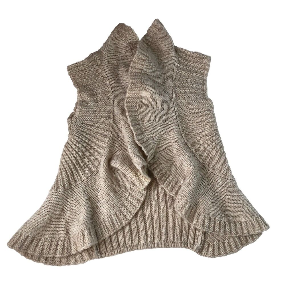Promod Women’s Knit Vest Cardigan Beige Ruffle Open Front  Wool Alpaca Blend XS